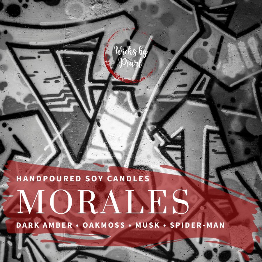 Candle name: Morales. Scent is Dark Amber, Oakmoss, Musk, and Spiderman