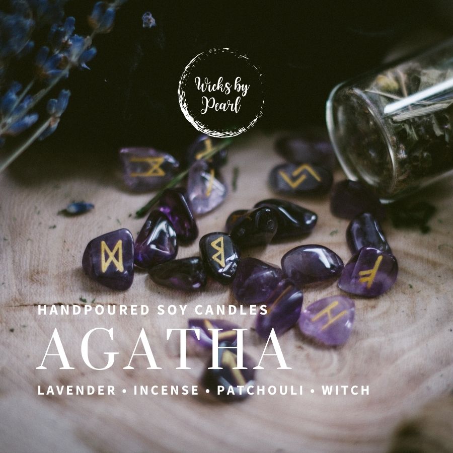 Candle name: Agatha. Candle scent: lavender, incense, patchouli, witch