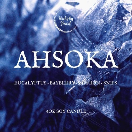 Candle name: Ahsoka Candle scent: Eucalyptus, bayberry, saffron, snips