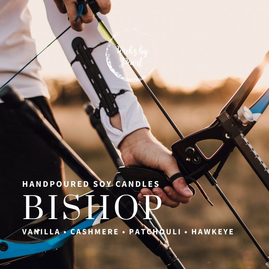 Candle name: Bishop. Candle scent: Vanilla, cashmere, patchouli, Hawkeye