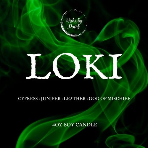 Candle name: Loki. Candle scent: cypress, juniper, leather, god of mischief