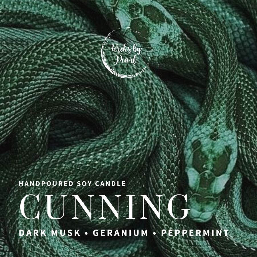 Candle name: Cunning. Candle scent: Dark musk, geranium, peppermint