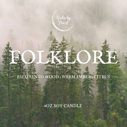 Candle name: Folklore. Candle scent: Palo Santo wood, warm amber, citrus