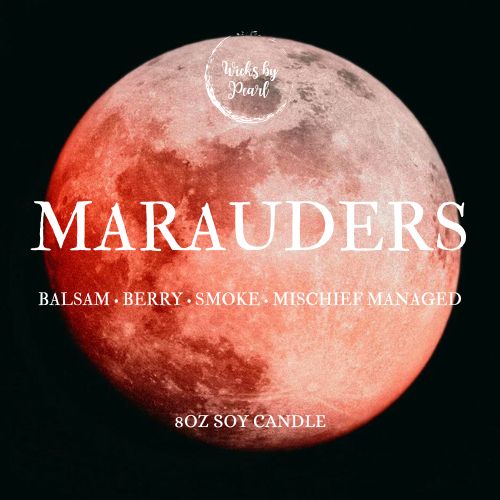 Candle name: Marauders. Candle scent: Balsam, berry, smoke, mischief managed
