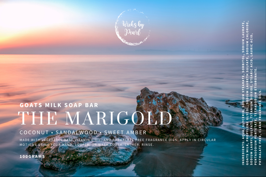 Soap name: The marigold. Soap scent: coconut, sandalwood, sweet amber