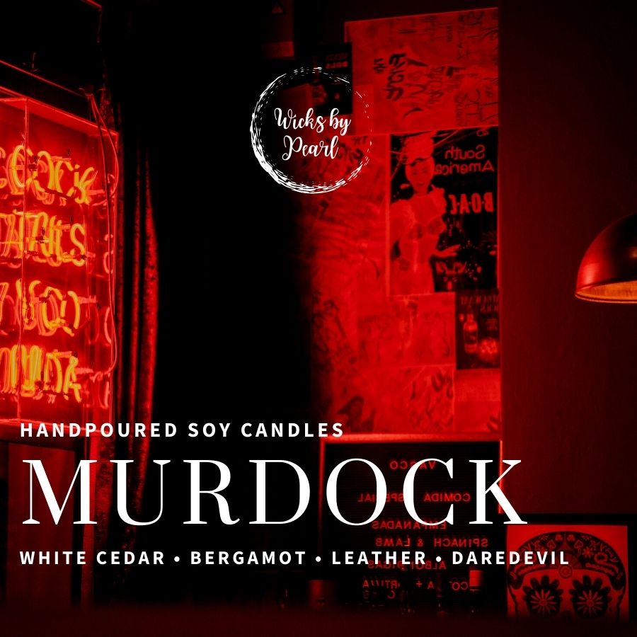 Candle name: Murdock. Candle scent: white cedar, bergamot, leather, daredevil