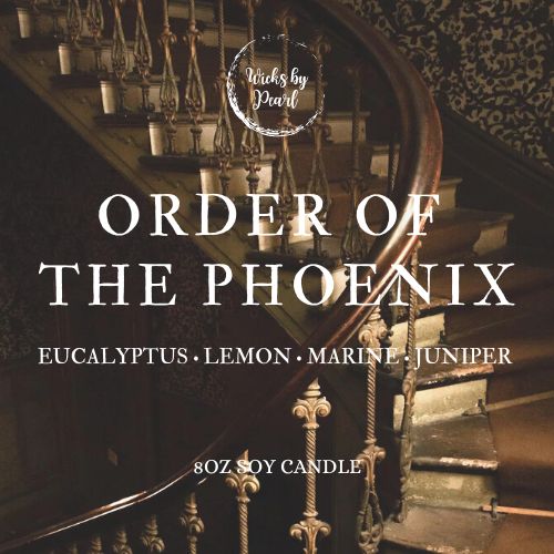 Candle name: Order of the Phoenix. Candle scent: Eucalyptus, lemon, marine, and juniper