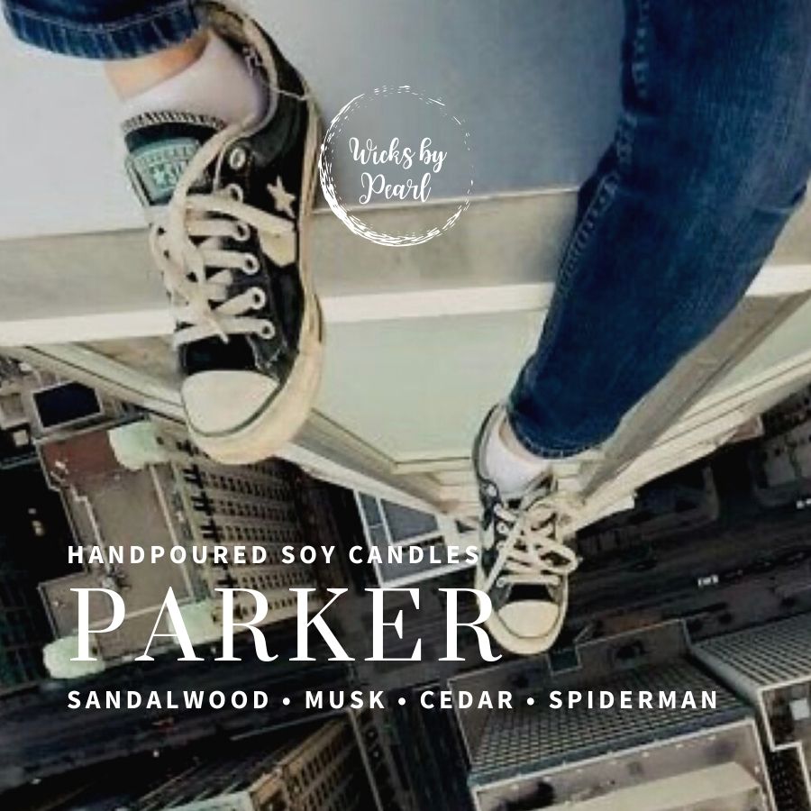 Candle name: Parker. Candle scent: sandalwood, musk, cedar, Spiderman