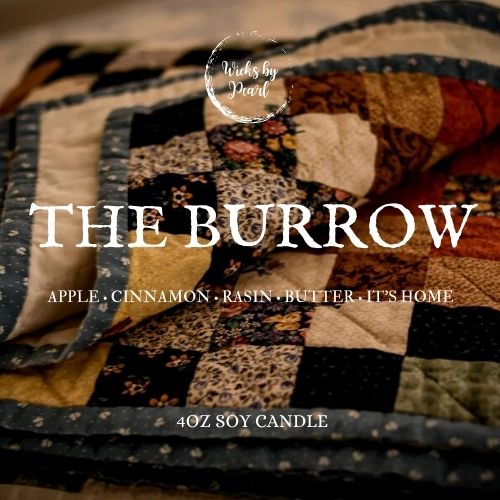 Candle name: The burrow. Candle scent: apple, cinnamon, raisin, butter, it's home