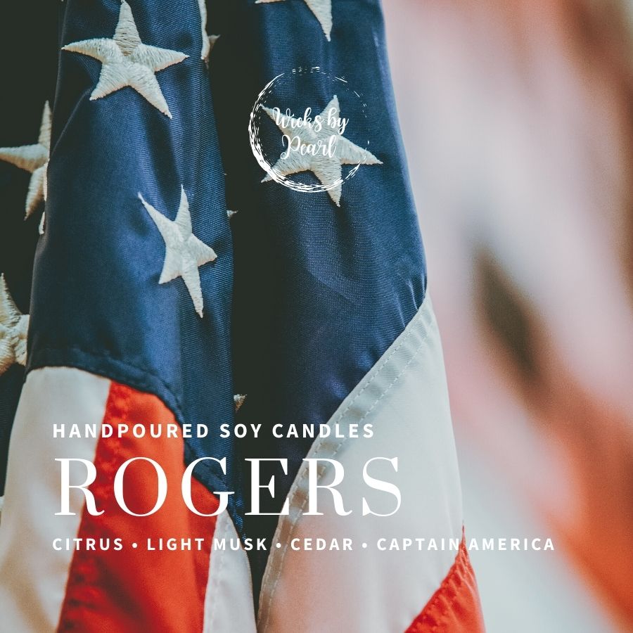 Candle name: Rogers. Candle scent: citrus, light musk, cedar, captain America 